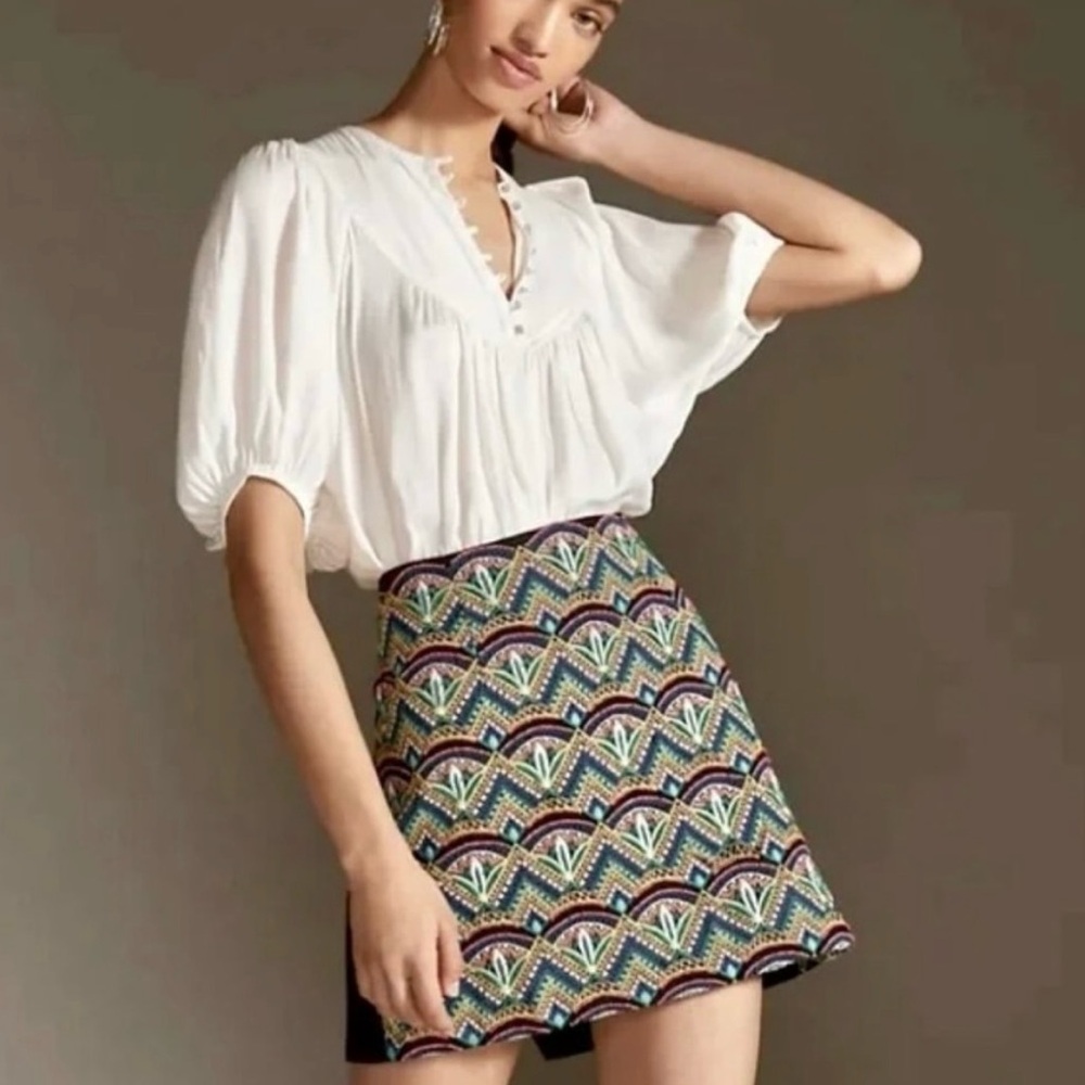 Anthropologie Ollari Deco Beaded Multicolor Patterned Mini Skirt NWT